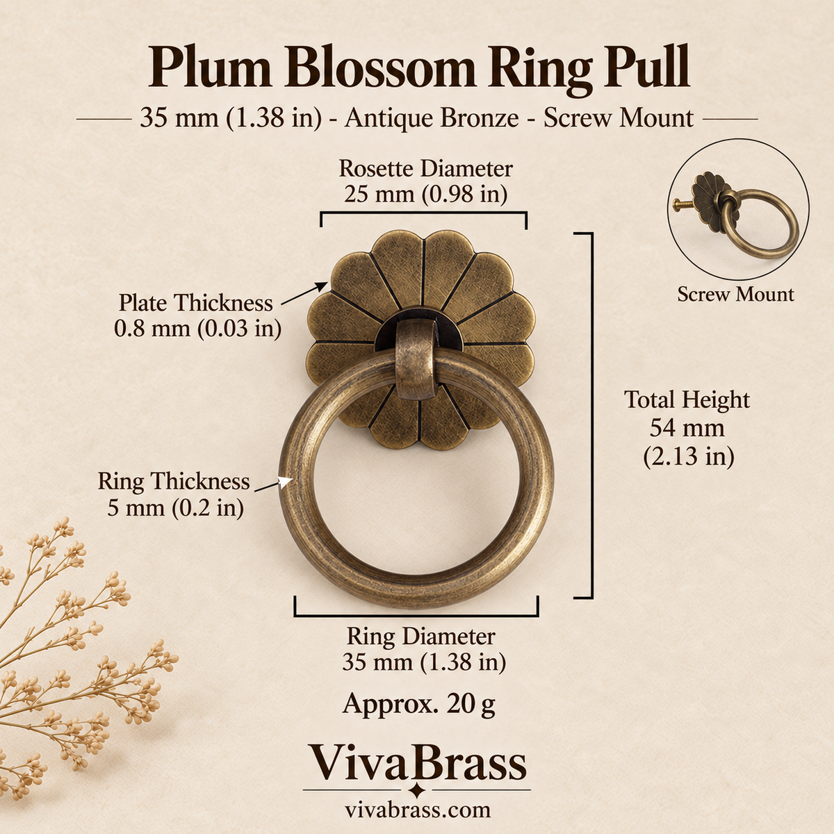 Plum Blossom 35 mm - Antique Bronze - Screw Mount – solid brass ring pull by VivaBrass