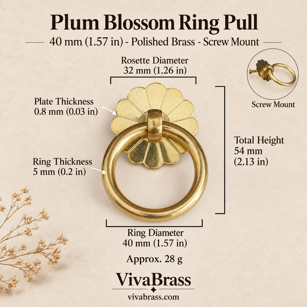 Plum Blossom 40 mm - Polished Brass - Screw Mount – solid brass ring pull by VivaBrass