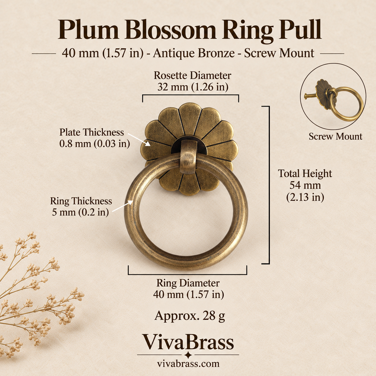 Plum Blossom 40 mm - Antique Bronze - Screw Mount – solid brass ring pull by VivaBrass