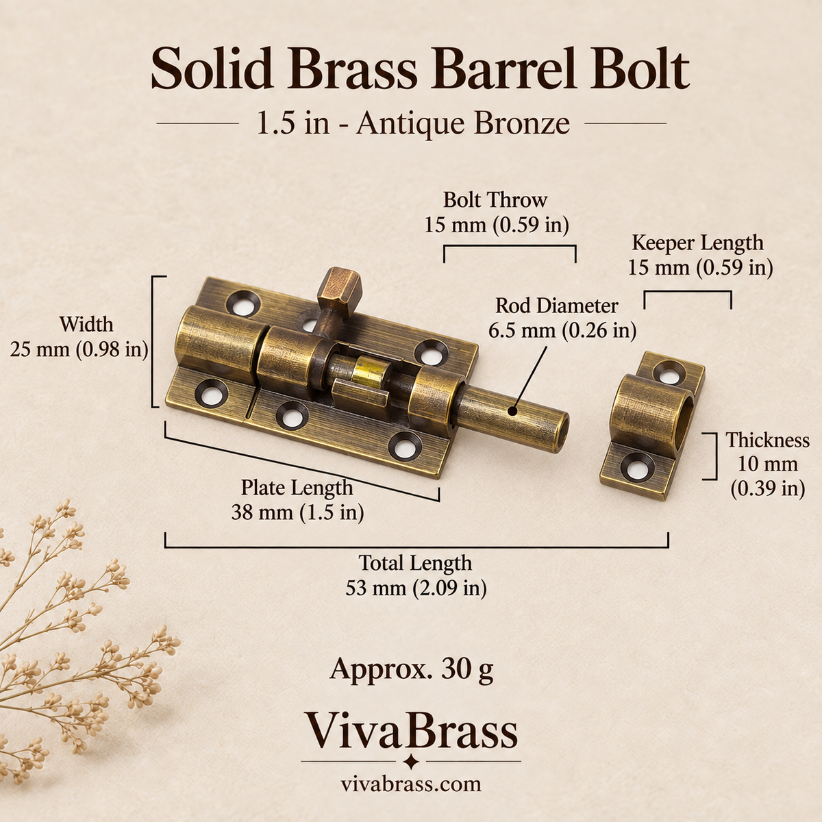 1.5 in - Antique Bronze – solid brass barrel bolt by VivaBrass