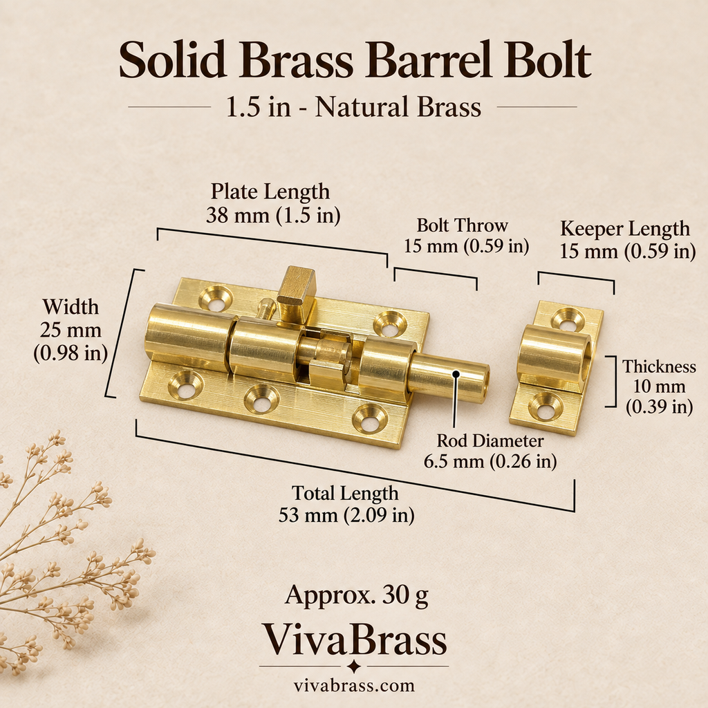 1.5 in - Natural Brass – solid brass barrel bolt by VivaBrass