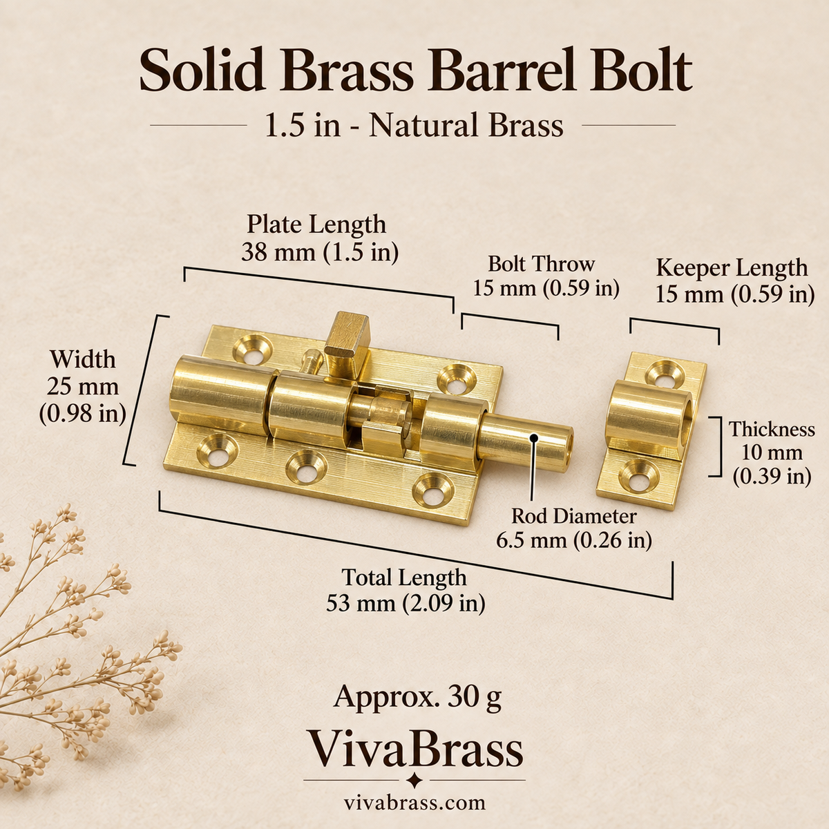 1.5 in - Natural Brass – solid brass barrel bolt by VivaBrass