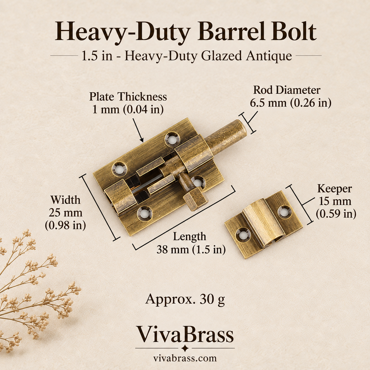 1.5 in - Heavy-Duty Glazed Antique – solid brass barrel bolt by VivaBrass