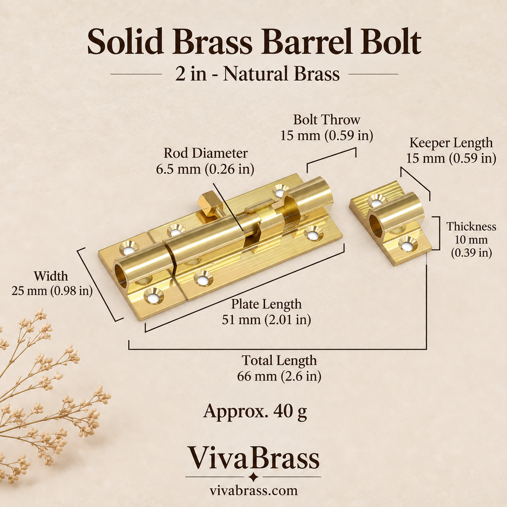 2 in - Natural Brass – solid brass barrel bolt by VivaBrass