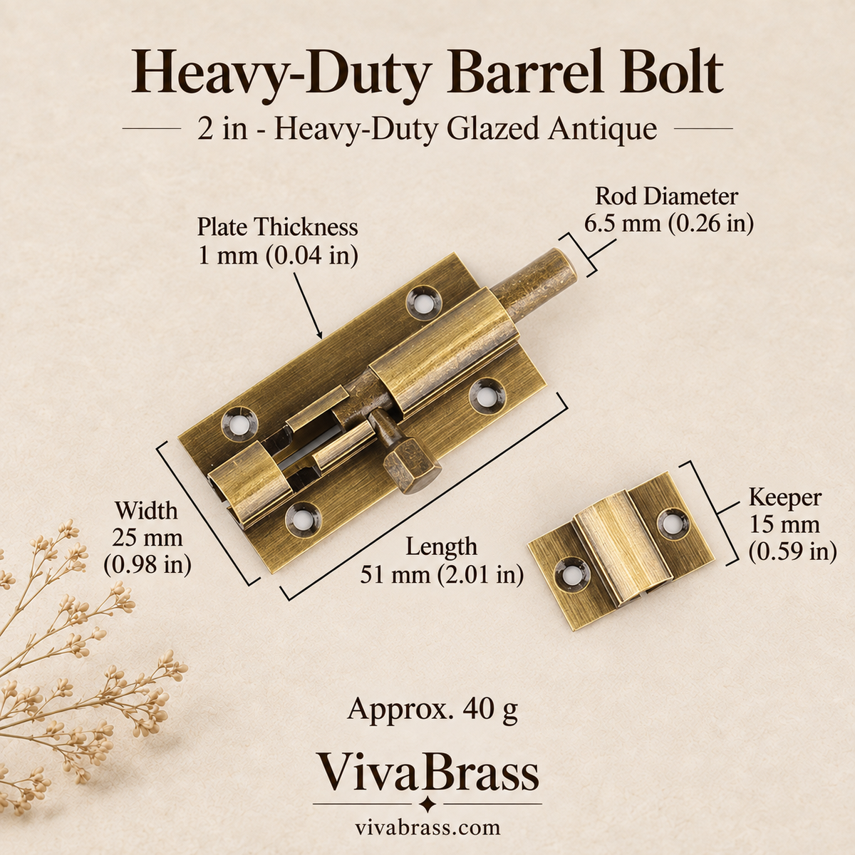 2 in - Heavy-Duty Glazed Antique – solid brass barrel bolt by VivaBrass