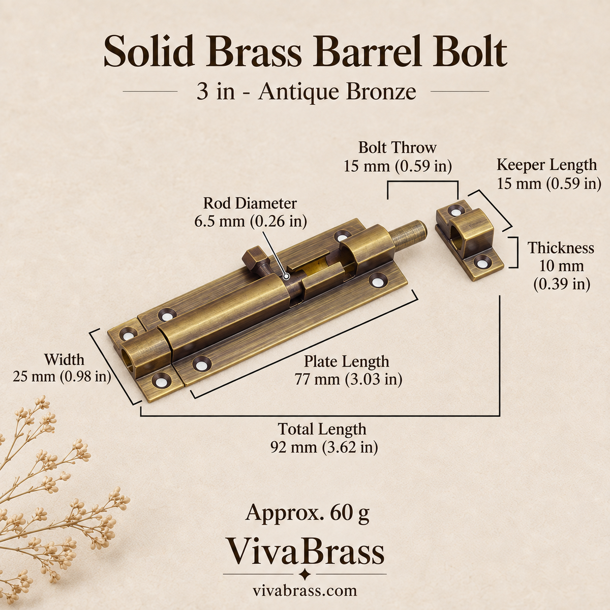 3 in - Antique Bronze – solid brass barrel bolt by VivaBrass