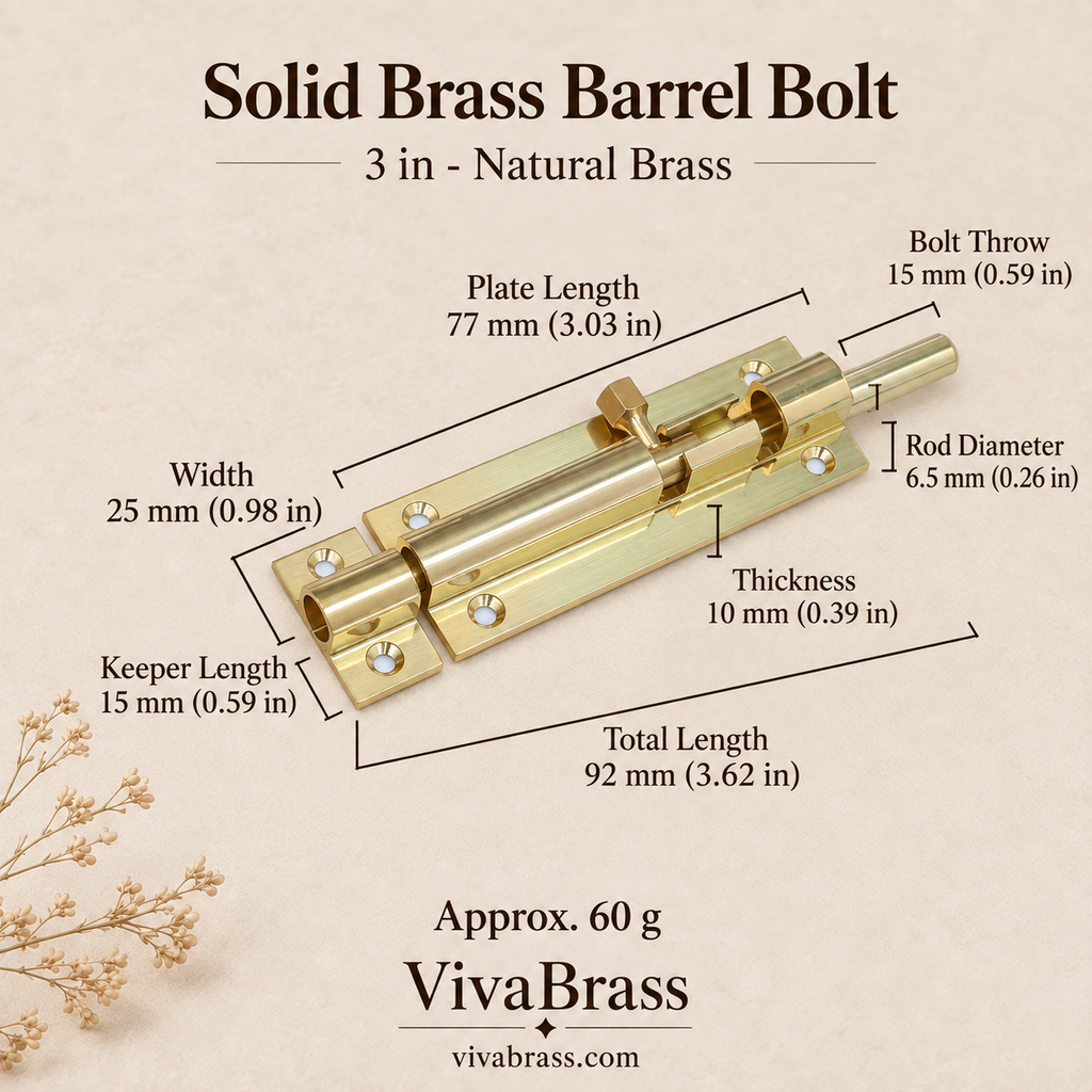 3 in - Natural Brass – solid brass barrel bolt by VivaBrass
