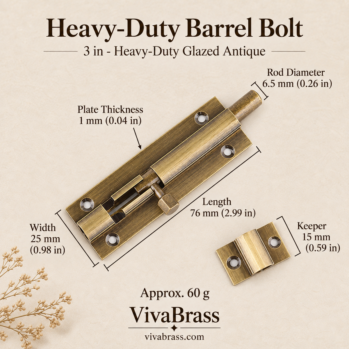 3 in - Heavy-Duty Glazed Antique – solid brass barrel bolt by VivaBrass