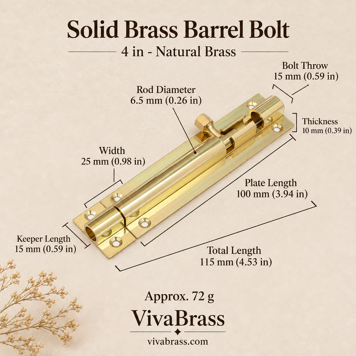 4 in - Natural Brass – solid brass barrel bolt by VivaBrass