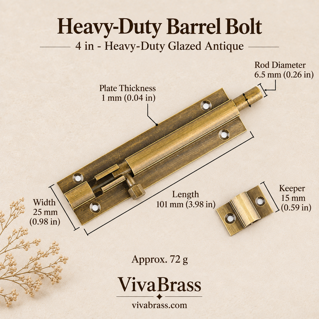 4 in - Heavy-Duty Glazed Antique – solid brass barrel bolt by VivaBrass