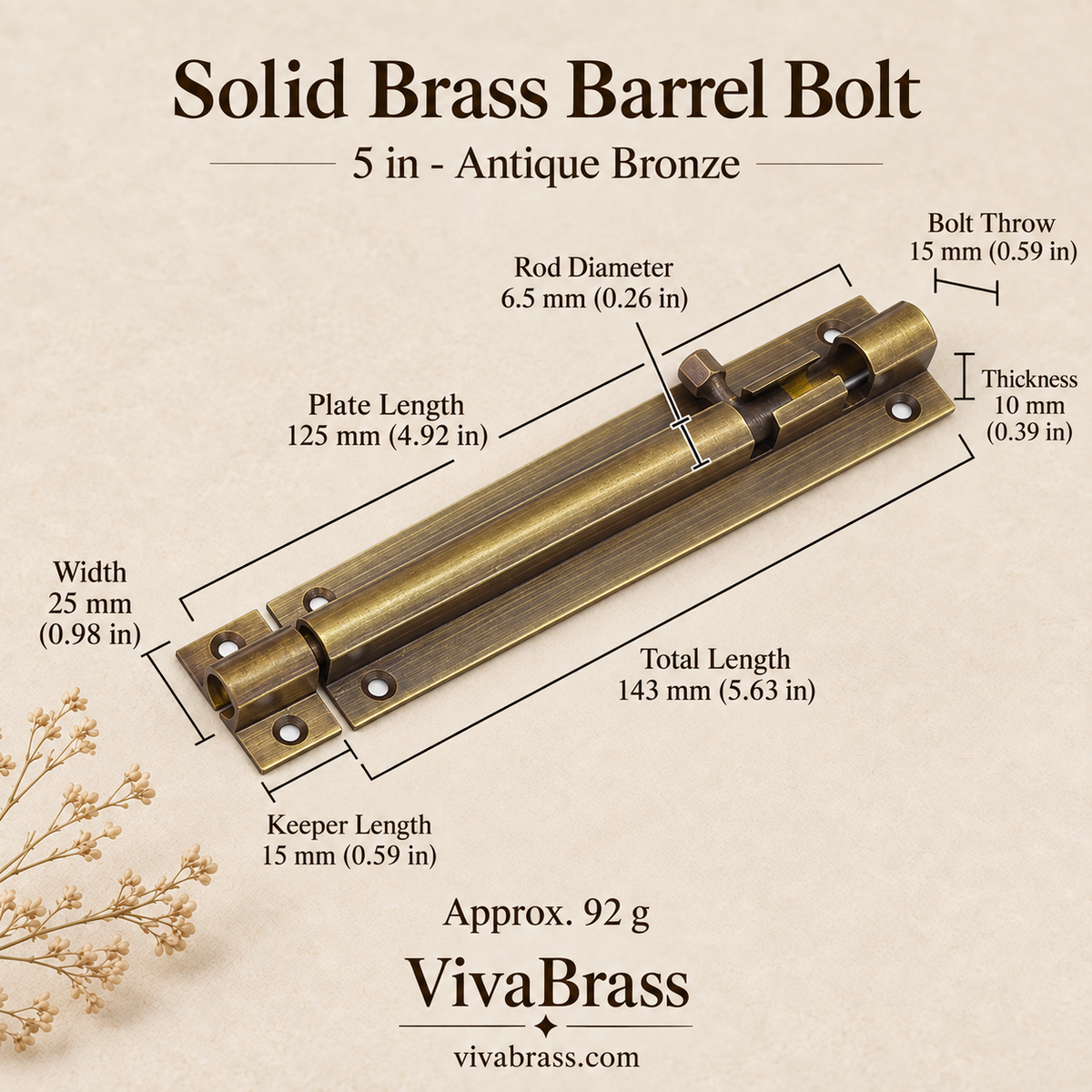 5 in - Antique Bronze – solid brass barrel bolt by VivaBrass