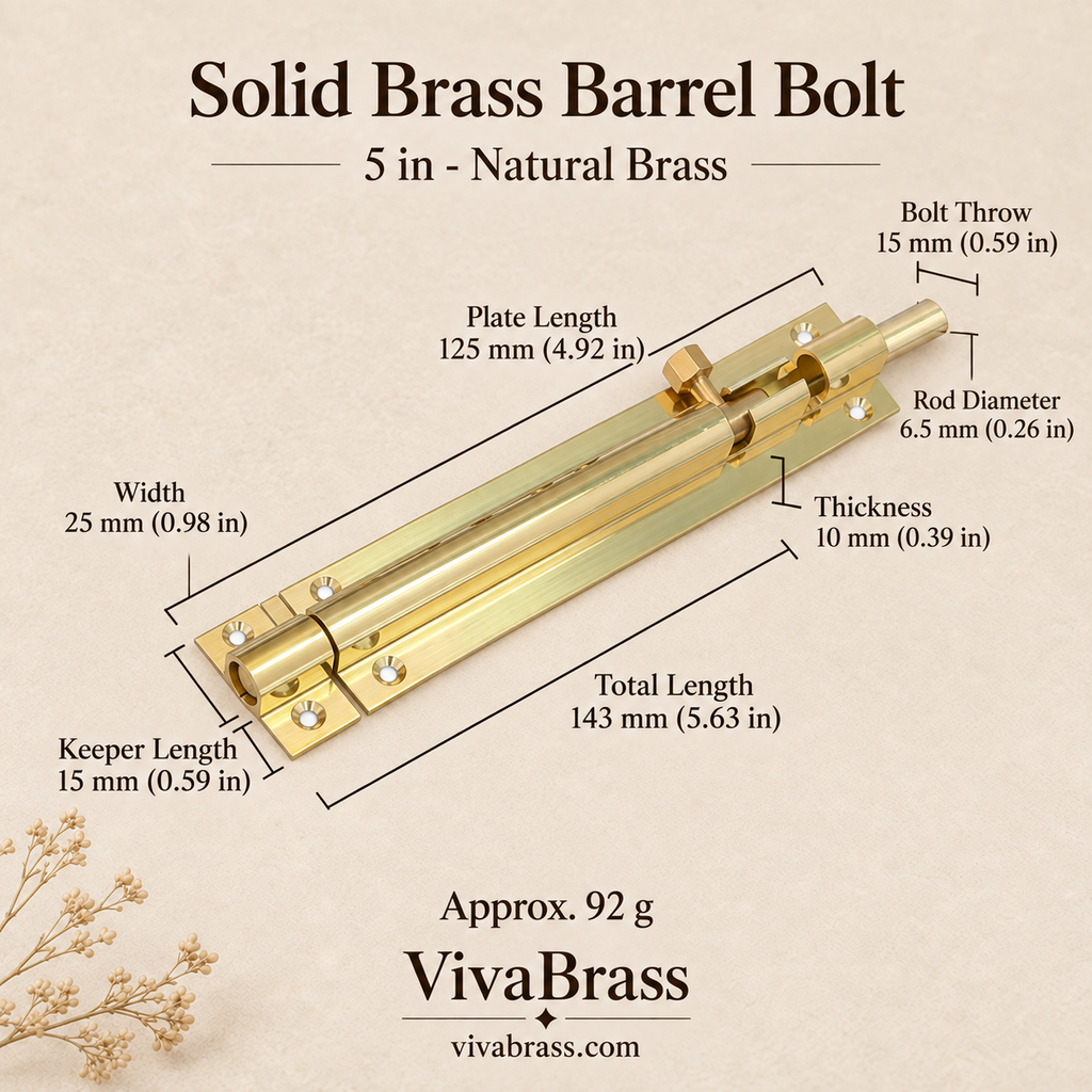 5 in - Natural Brass – solid brass barrel bolt by VivaBrass