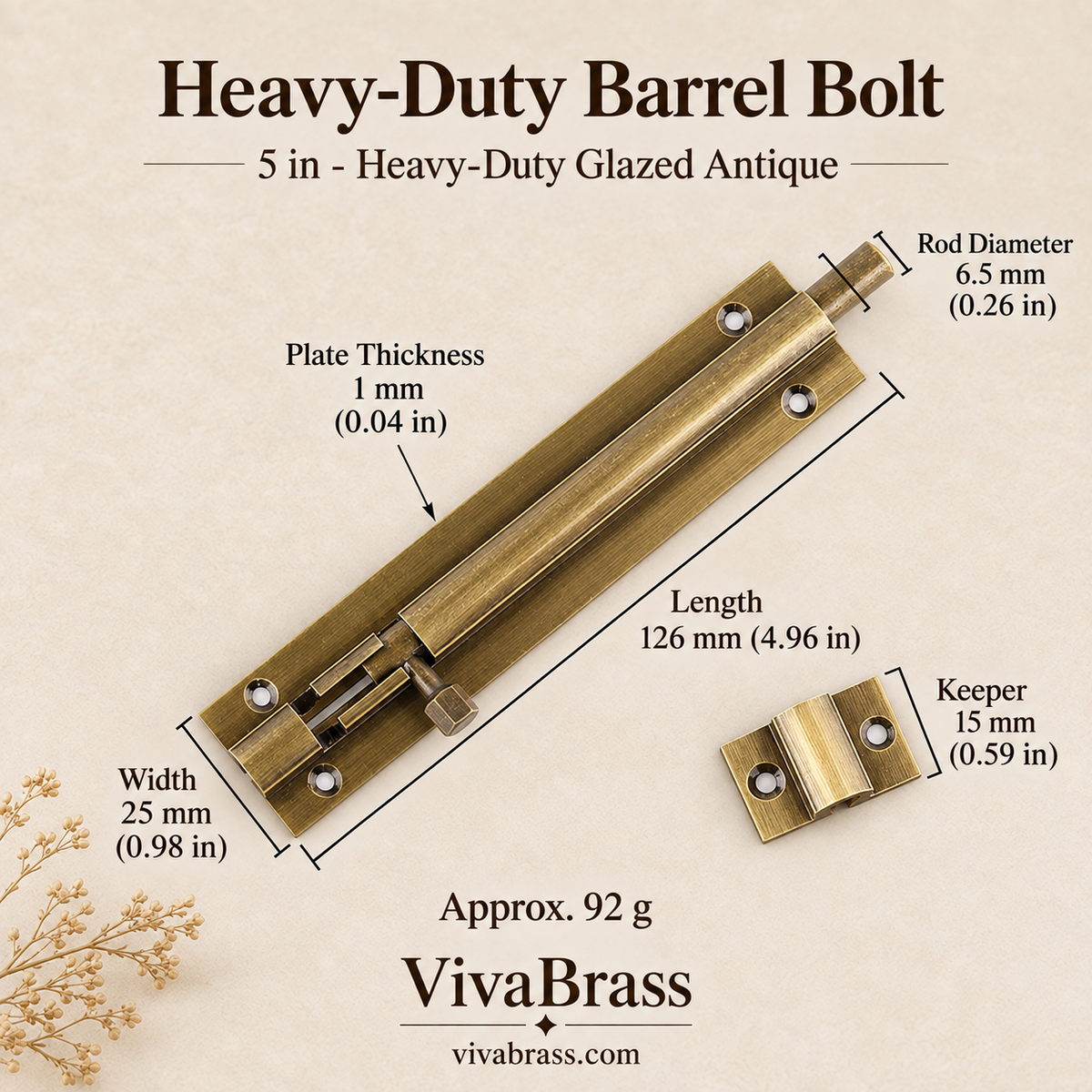 5 in - Heavy-Duty Glazed Antique – solid brass barrel bolt by VivaBrass
