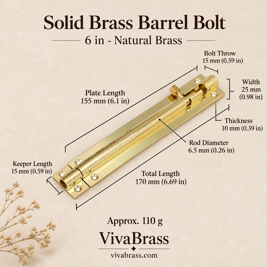 6 in - Natural Brass – solid brass barrel bolt by VivaBrass