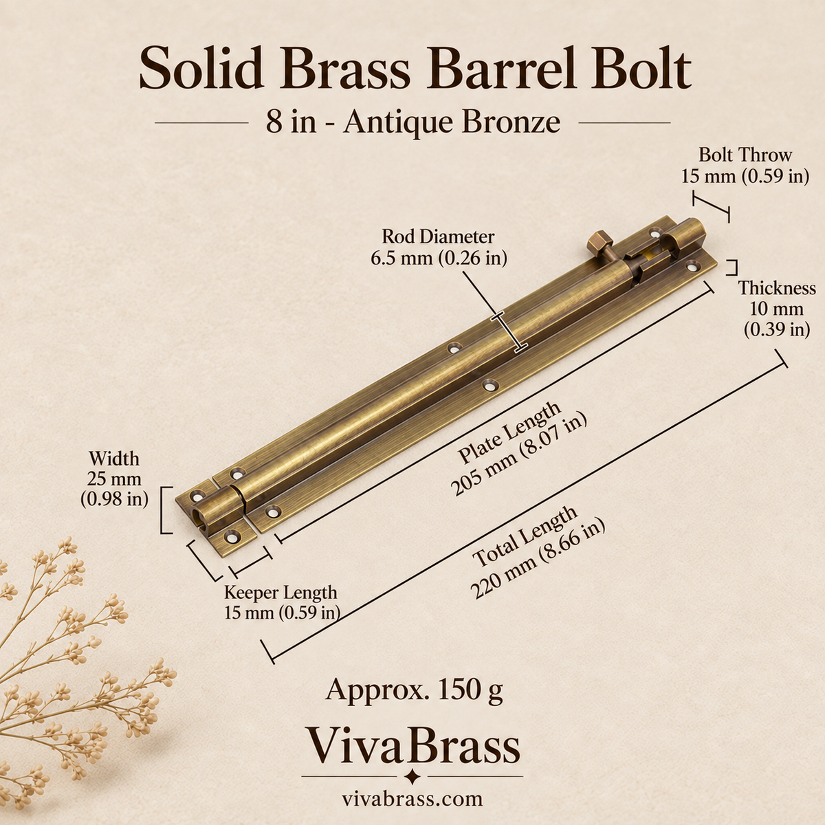 8 in - Antique Bronze – solid brass barrel bolt by VivaBrass