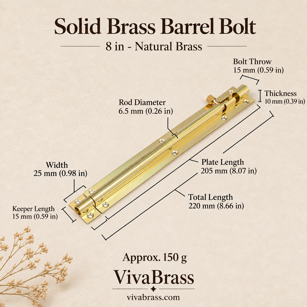 8 in - Natural Brass – solid brass barrel bolt by VivaBrass