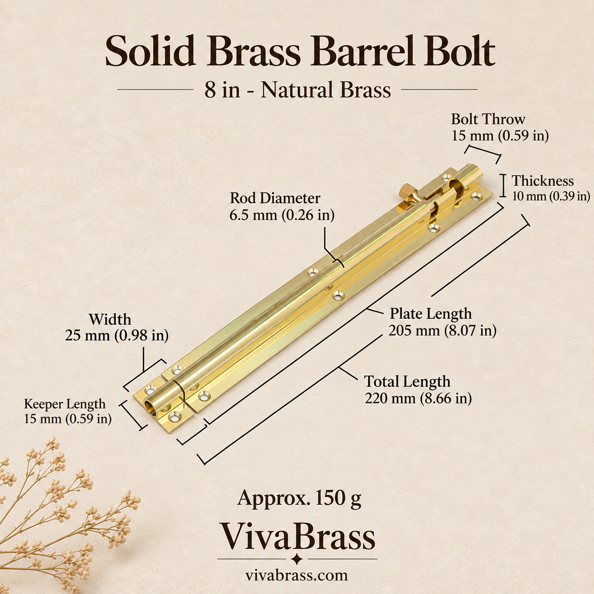 8 in - Natural Brass – solid brass barrel bolt by VivaBrass