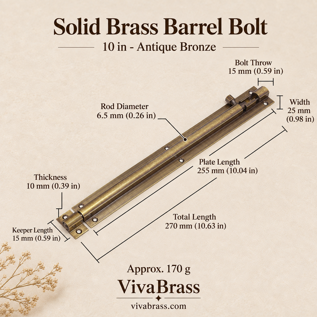 10 in - Antique Bronze – solid brass barrel bolt by VivaBrass