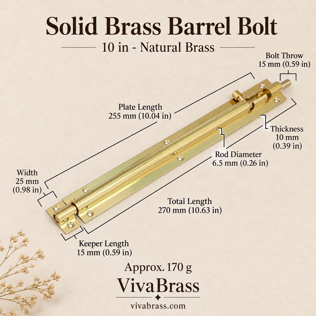 10 in - Natural Brass – solid brass barrel bolt by VivaBrass
