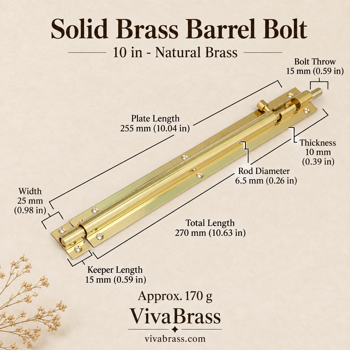 10 in - Natural Brass – solid brass barrel bolt by VivaBrass