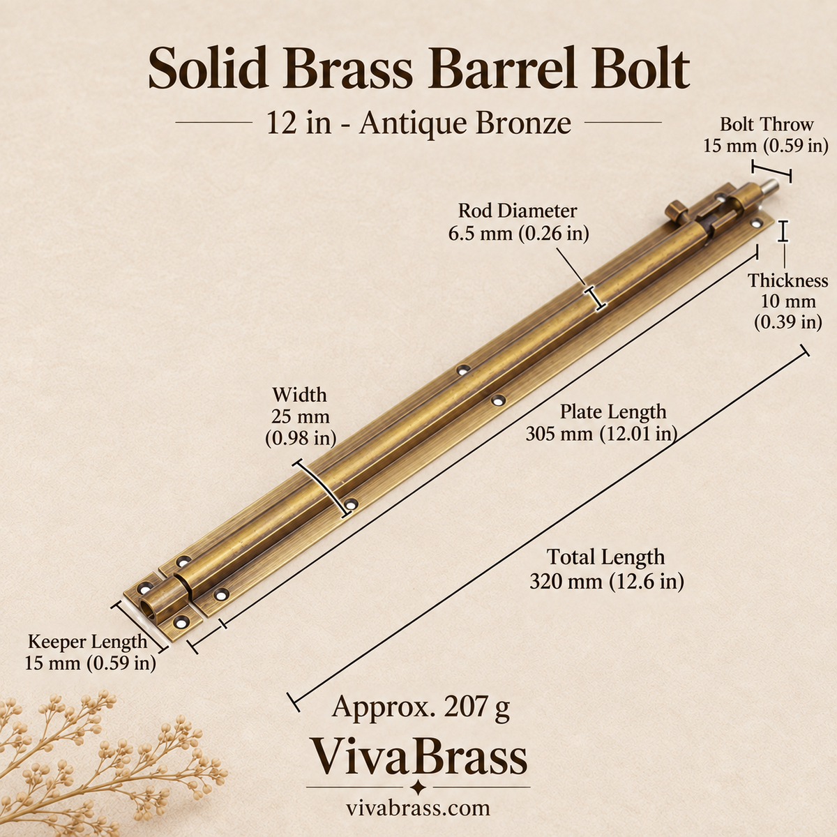 12 in - Antique Bronze – solid brass barrel bolt by VivaBrass