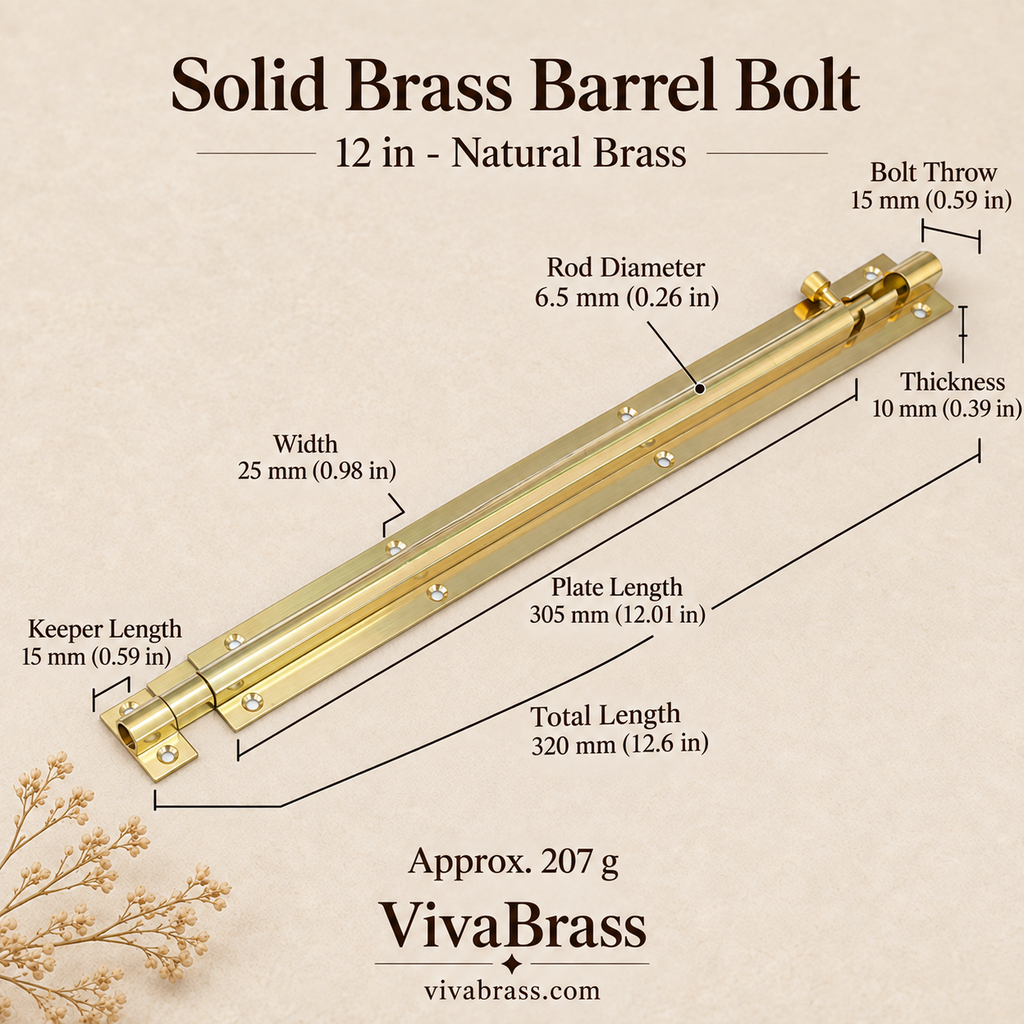 12 in - Natural Brass – solid brass barrel bolt by VivaBrass