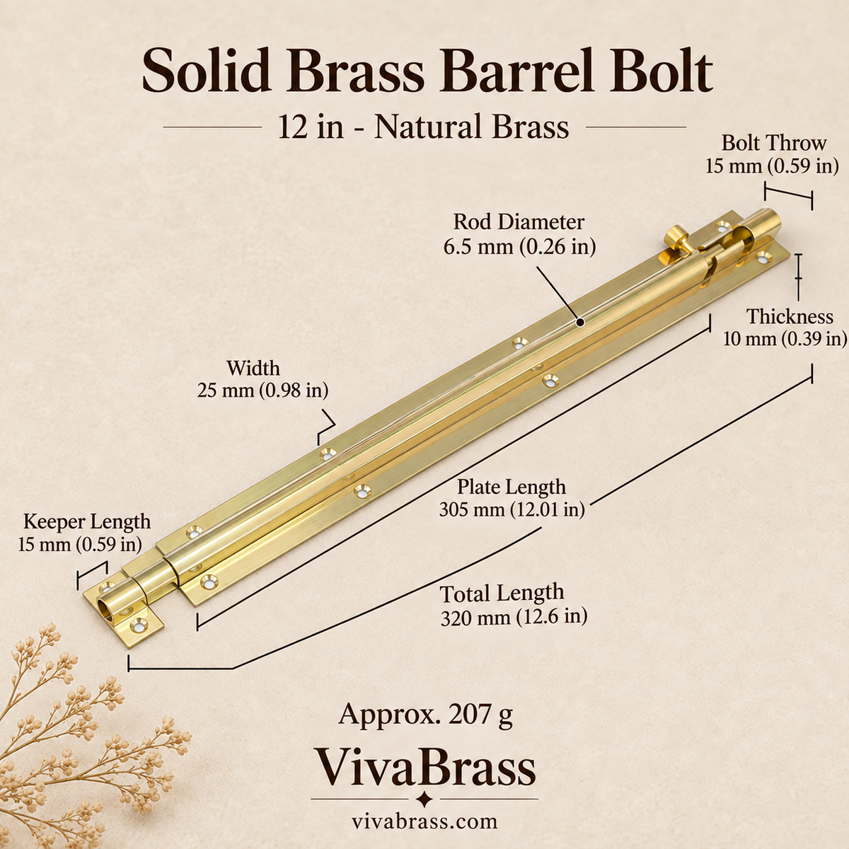 12 in - Natural Brass – solid brass barrel bolt by VivaBrass