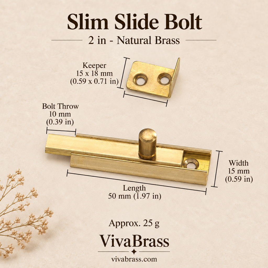 Slim Slide Bolt 2 in - Natural Brass – solid brass slide bolt by VivaBrass