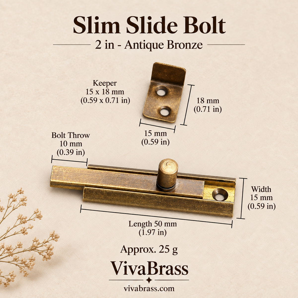 Slim Slide Bolt 2 in - Antique Bronze – solid brass slide bolt by VivaBrass