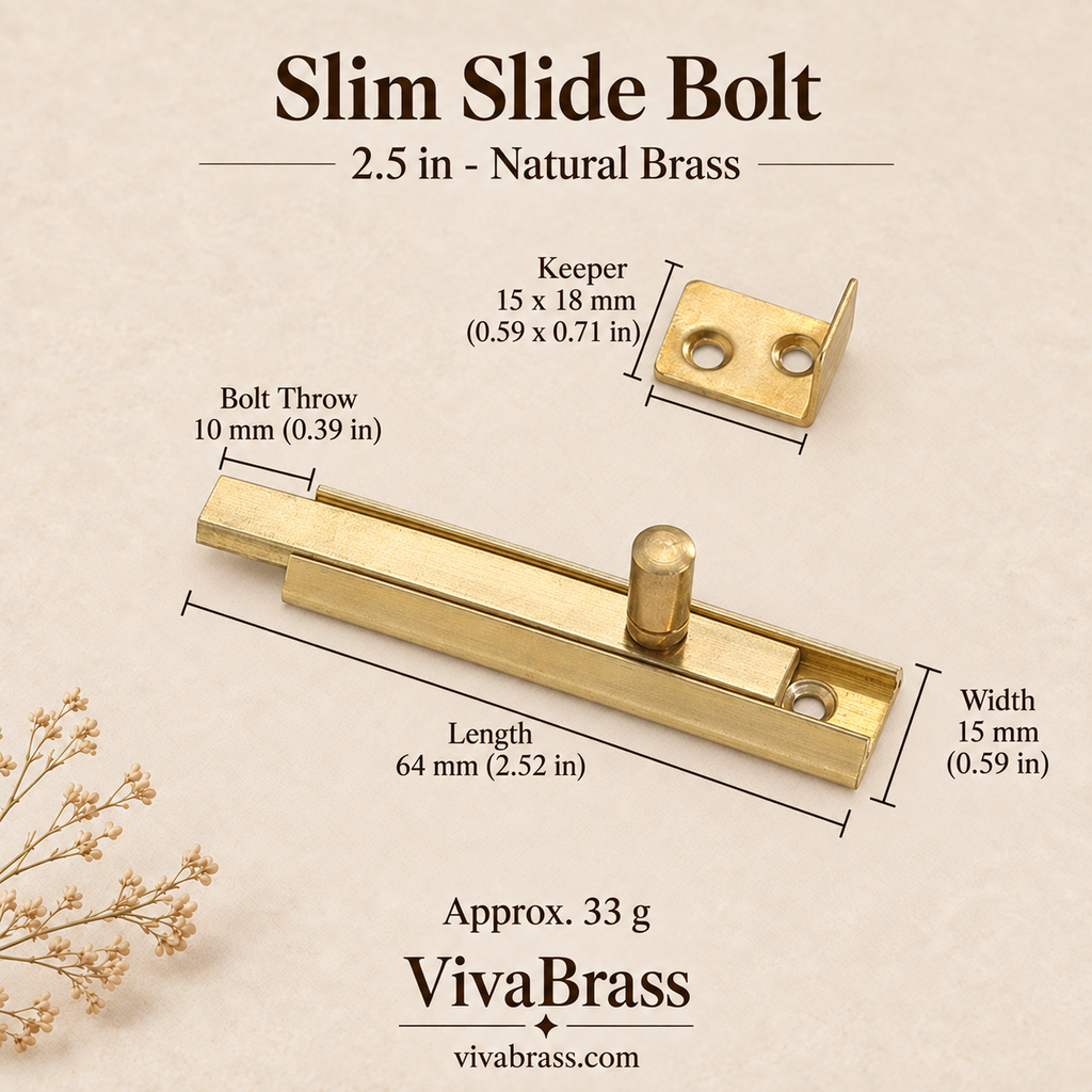 Slim Slide Bolt 2.5 in - Natural Brass – solid brass slide bolt by VivaBrass