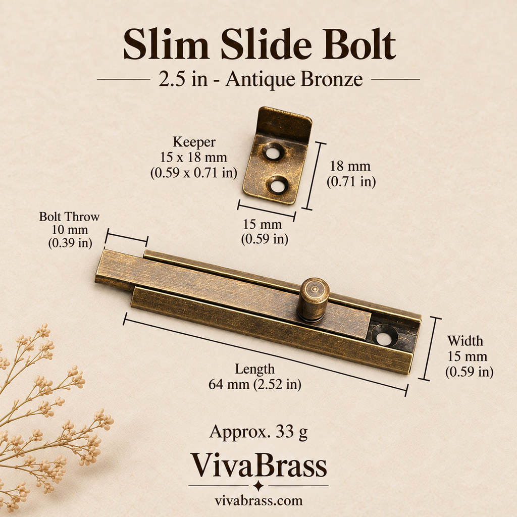 Slim Slide Bolt 2.5 in - Antique Bronze – solid brass slide bolt by VivaBrass