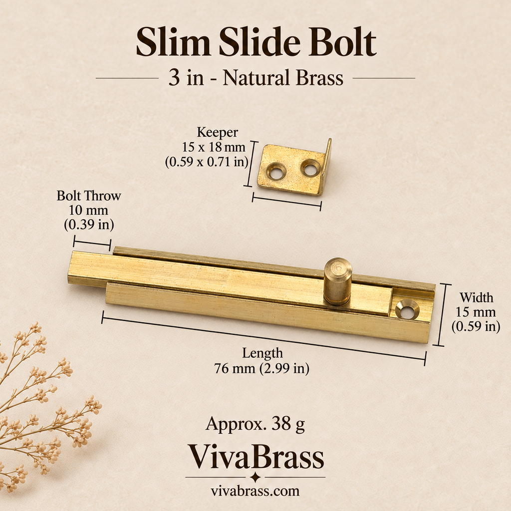Slim Slide Bolt 3 in - Natural Brass – solid brass slide bolt by VivaBrass