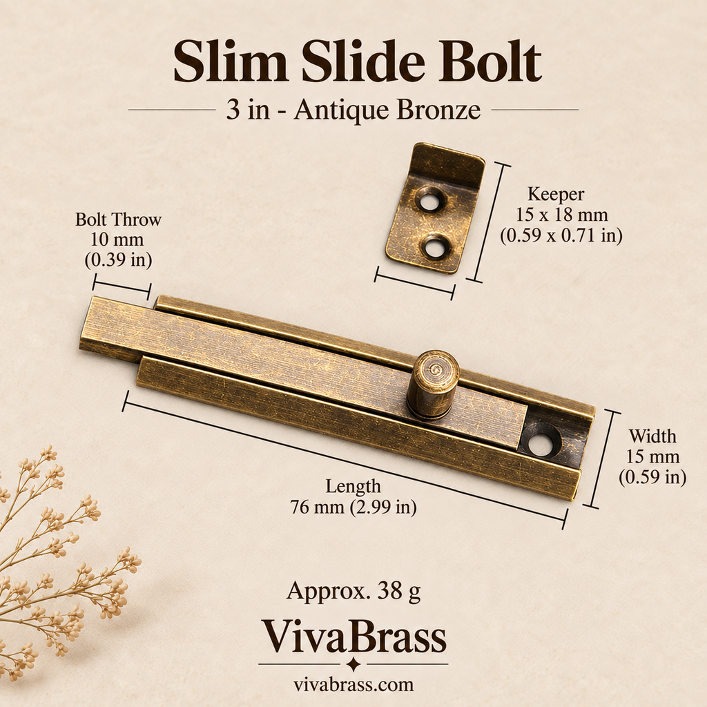Slim Slide Bolt 3 in - Antique Bronze – solid brass slide bolt by VivaBrass