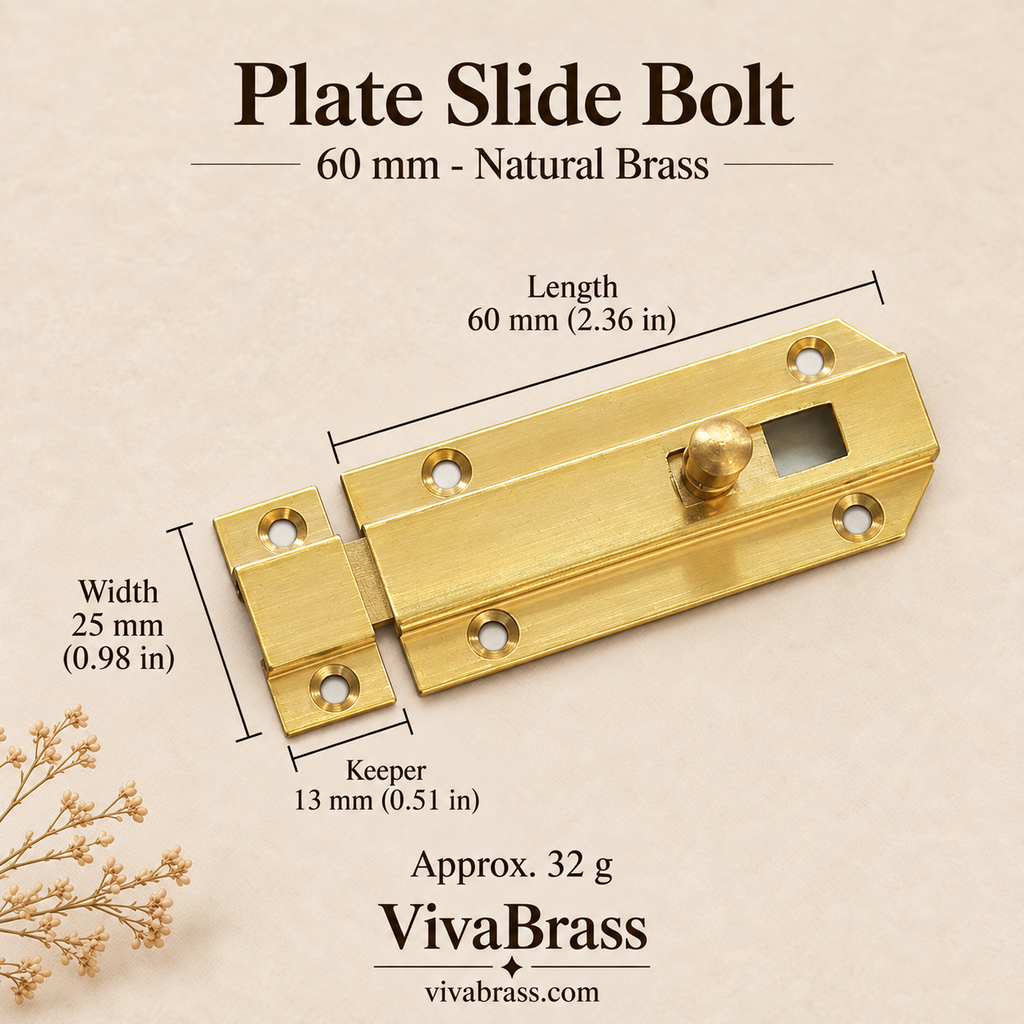 Plate Slide Bolt 60 mm - Natural Brass – solid brass slide bolt by VivaBrass