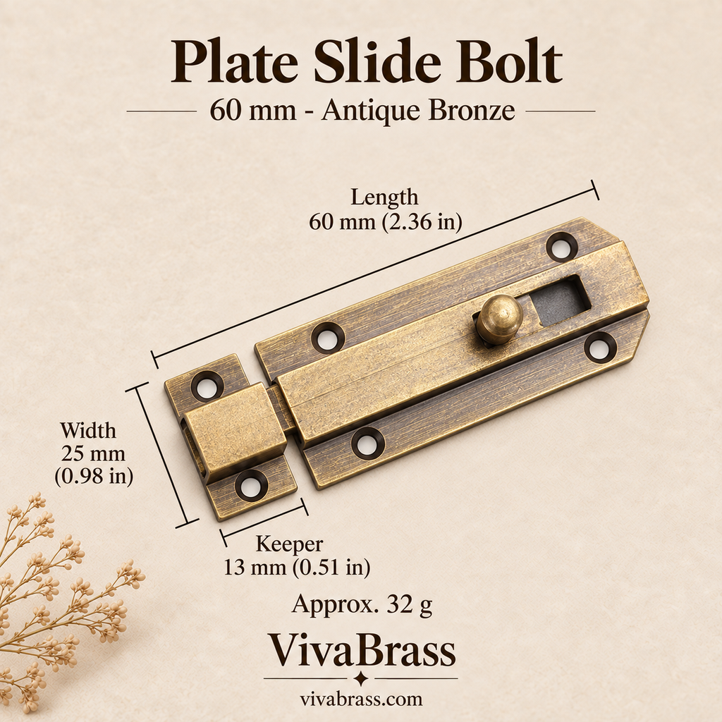 Plate Slide Bolt 60 mm - Antique Bronze – solid brass slide bolt by VivaBrass