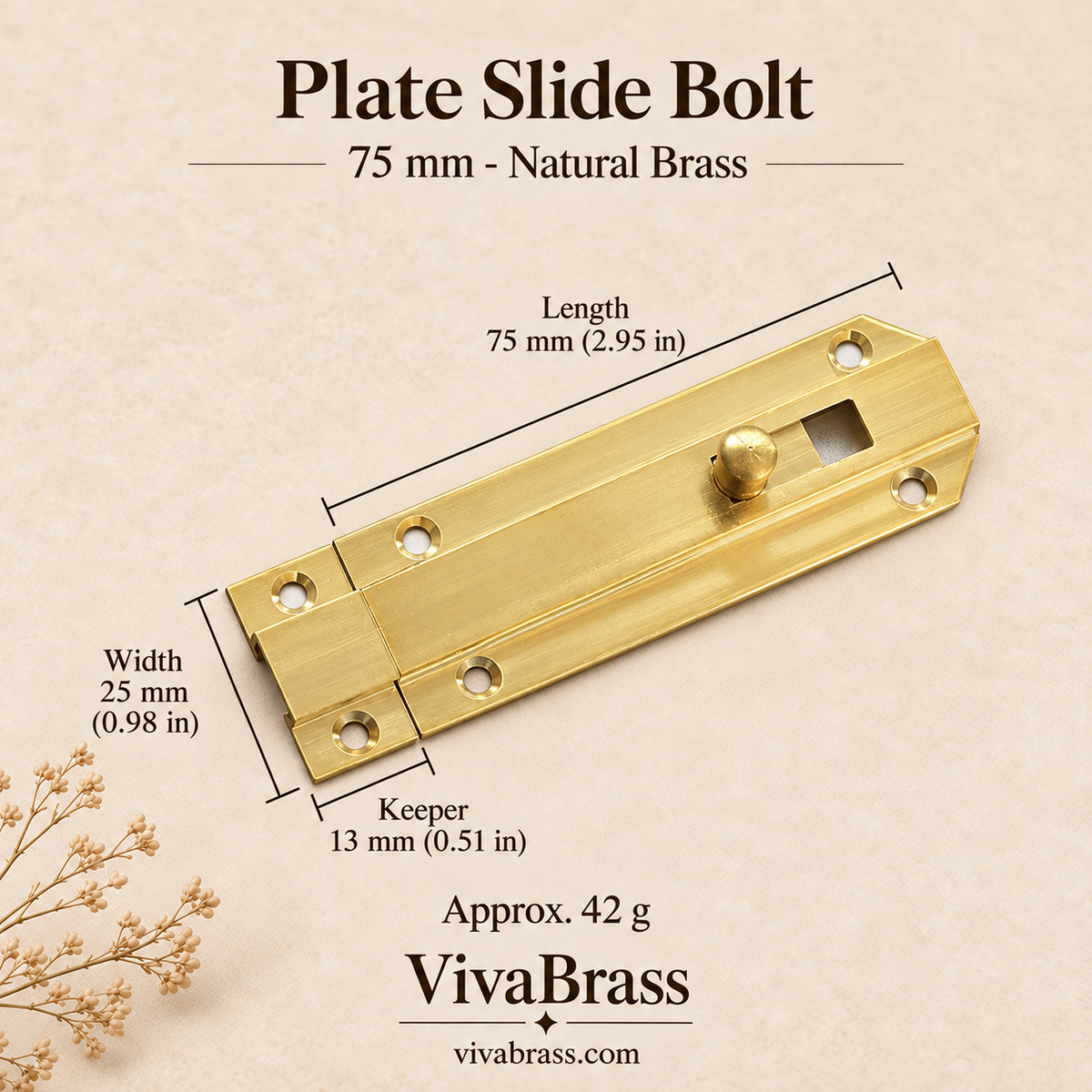 Plate Slide Bolt 75 mm - Natural Brass – solid brass slide bolt by VivaBrass