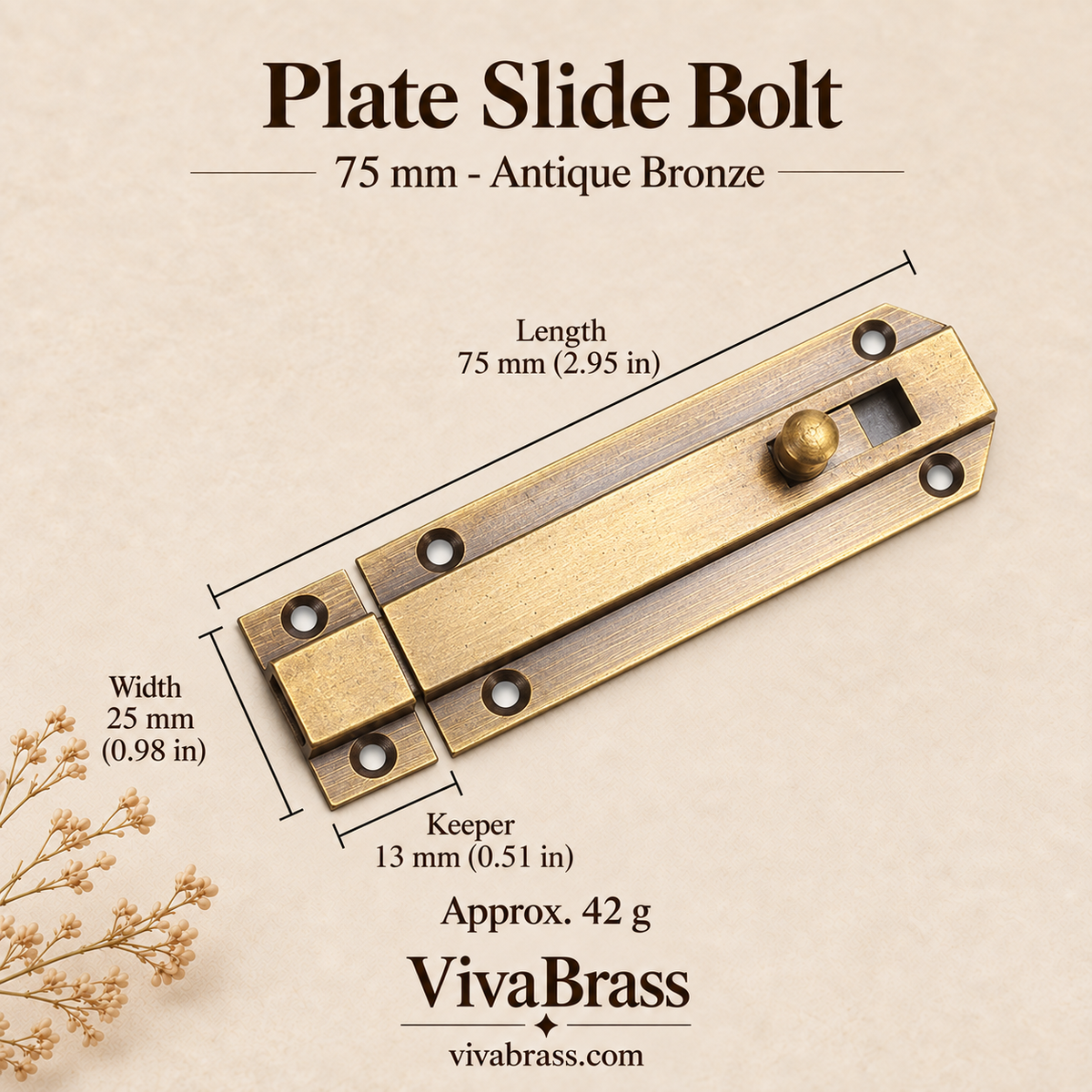 Plate Slide Bolt 75 mm - Antique Bronze – solid brass slide bolt by VivaBrass