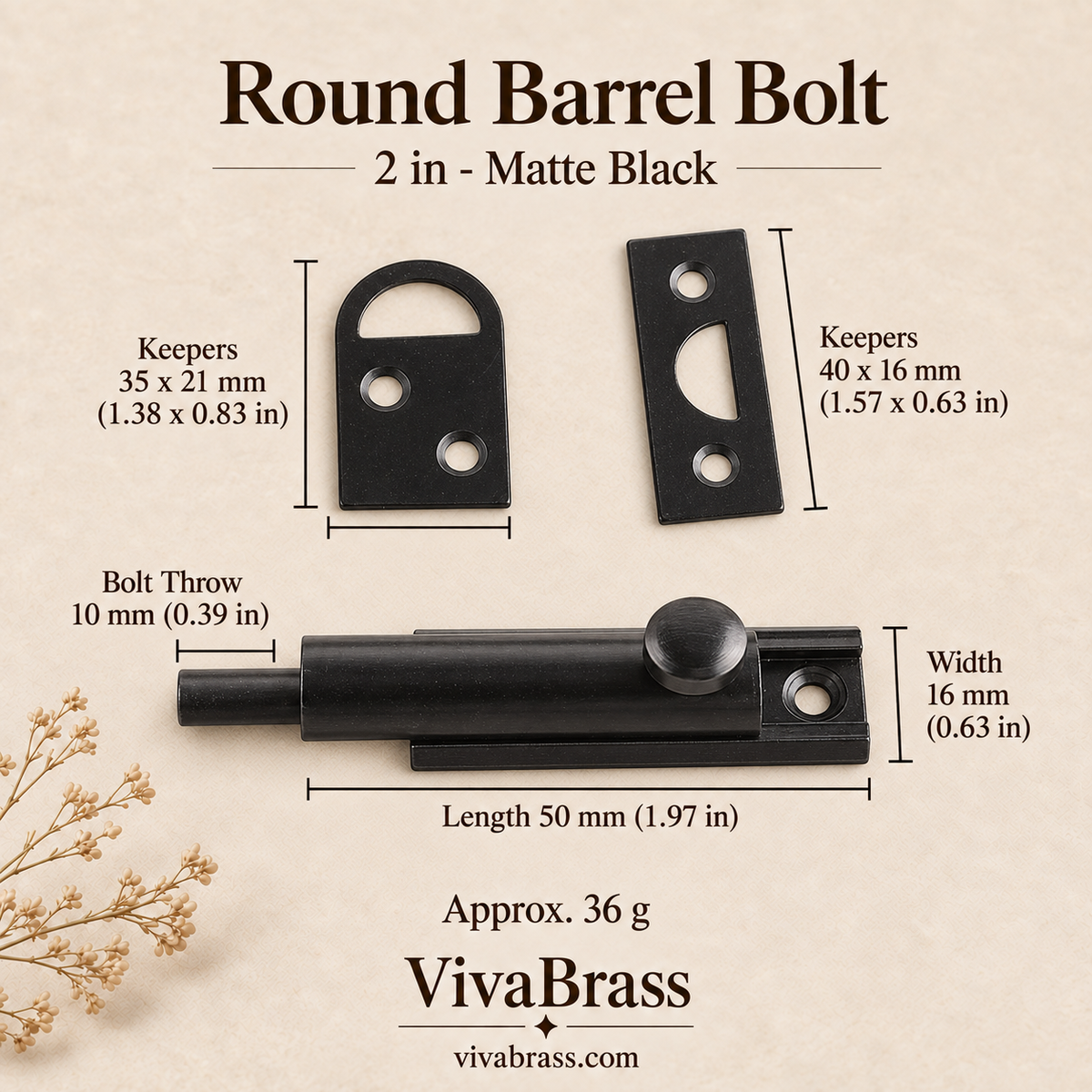 Round Barrel Bolt 2 in - Matte Black – solid brass slide bolt by VivaBrass