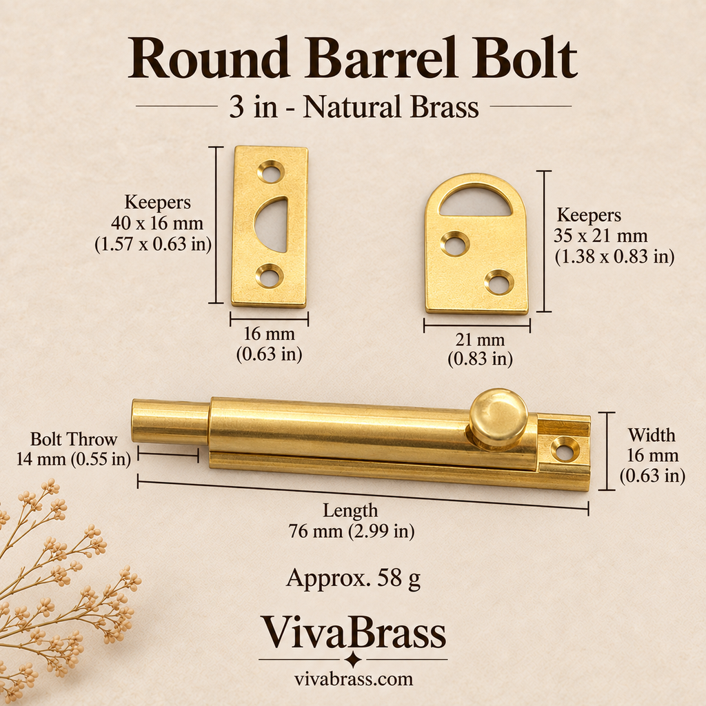Round Barrel Bolt 3 in - Natural Brass – solid brass slide bolt by VivaBrass