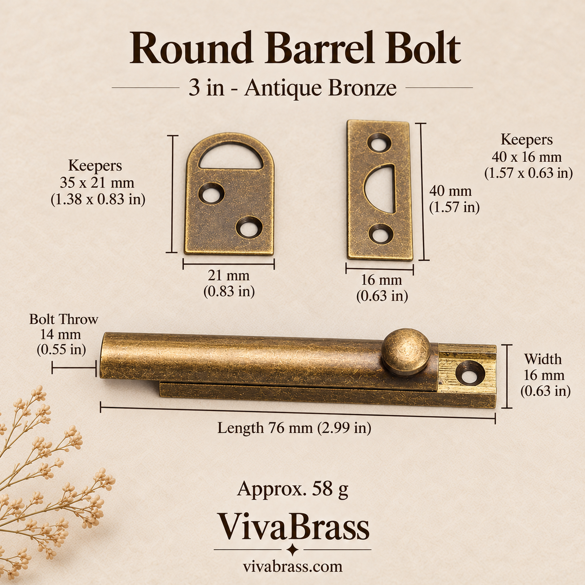 Round Barrel Bolt 3 in - Antique Bronze – solid brass slide bolt by VivaBrass