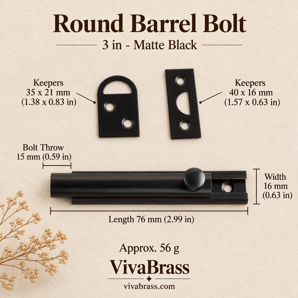 Round Barrel Bolt 3 in - Matte Black – solid brass slide bolt by VivaBrass