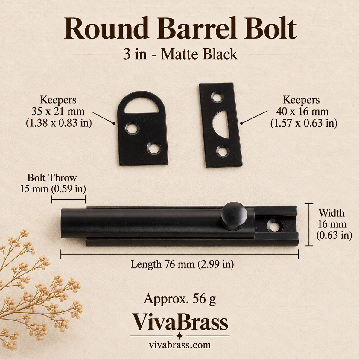 Round Barrel Bolt 3 in - Matte Black – solid brass slide bolt by VivaBrass