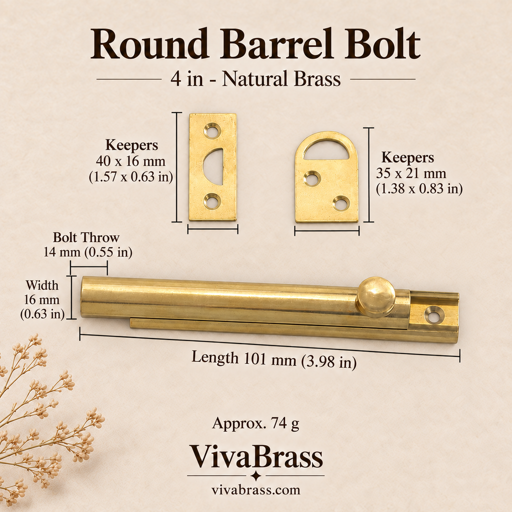 Round Barrel Bolt 4 in - Natural Brass – solid brass slide bolt by VivaBrass