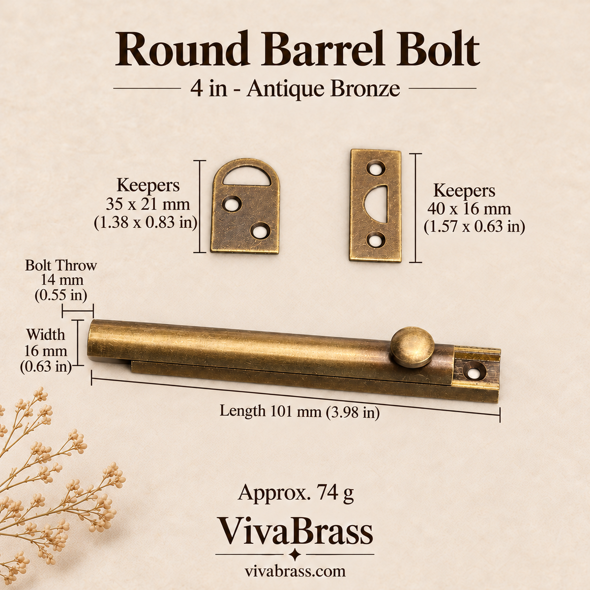 Round Barrel Bolt 4 in - Antique Bronze – solid brass slide bolt by VivaBrass