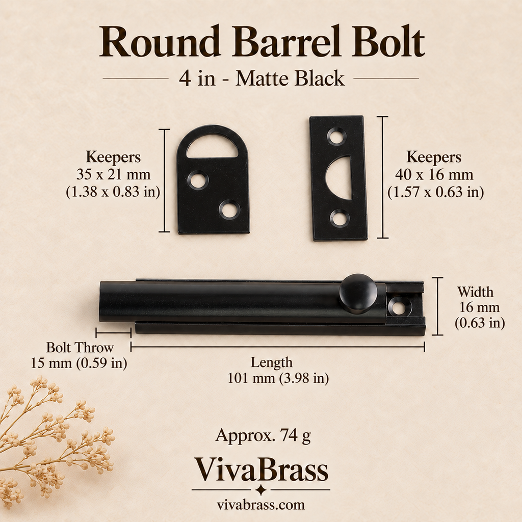 Round Barrel Bolt 4 in - Matte Black – solid brass slide bolt by VivaBrass
