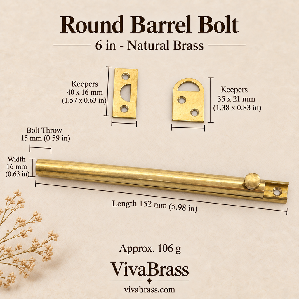 Round Barrel Bolt 6 in - Natural Brass – solid brass slide bolt by VivaBrass