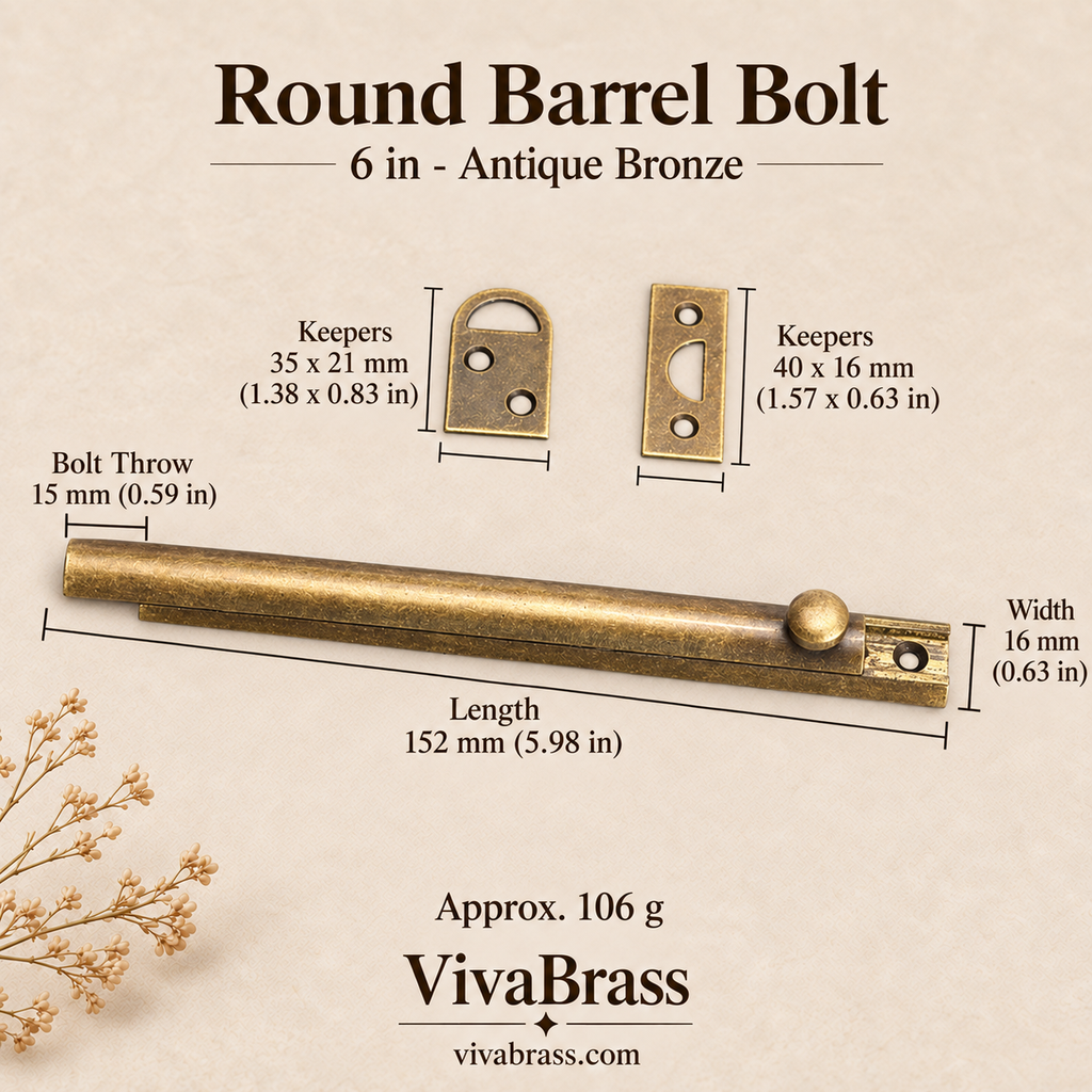 Round Barrel Bolt 6 in - Antique Bronze – solid brass slide bolt by VivaBrass