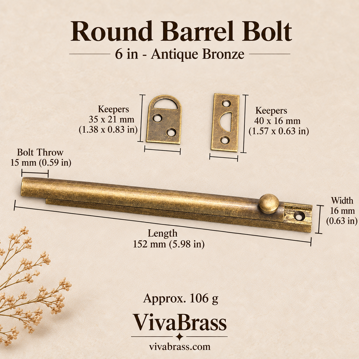 Round Barrel Bolt 6 in - Antique Bronze – solid brass slide bolt by VivaBrass
