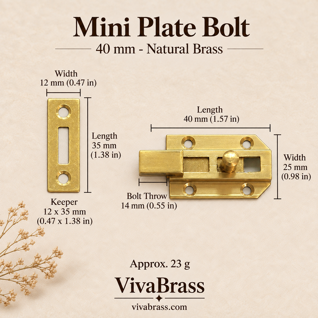 Mini Plate Bolt 40 mm - Natural Brass – solid brass slide bolt by VivaBrass