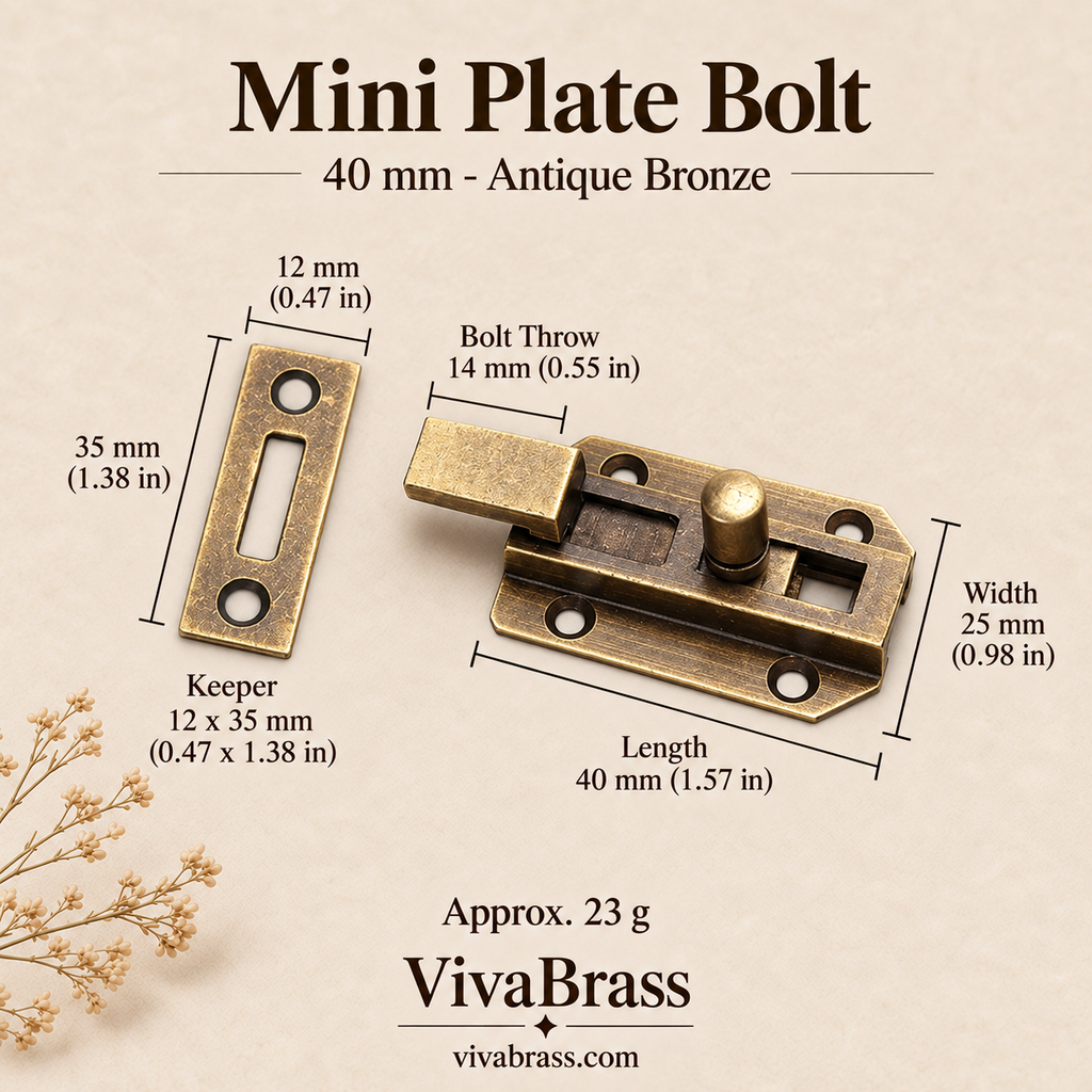 Mini Plate Bolt 40 mm - Antique Bronze – solid brass slide bolt by VivaBrass
